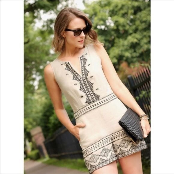 Ann Taylor LOFT | 100% Linen Embroidered Sleeveless Beige Romper | Size 00 XXS - Picture 2 of 15